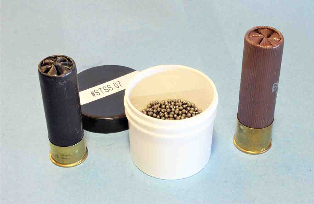 Ballistic Products lists tungsten shot loads for the 3-inch 12-gauge shell (left) holding up to 17⁄8 ounce of shot, turning a typical 12-gauge shotgun into the equivalent of the 3½-inch, 10-gauge (right).